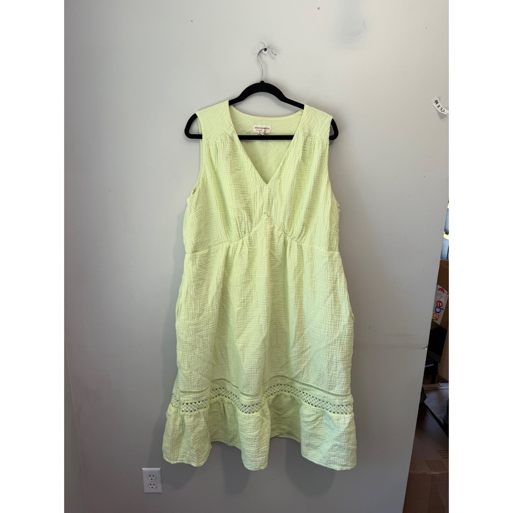 Bridgehampton Isaac Mizrahi Lime Green Cotton Gauze V-Neck Midi Dress 2XP Pocket